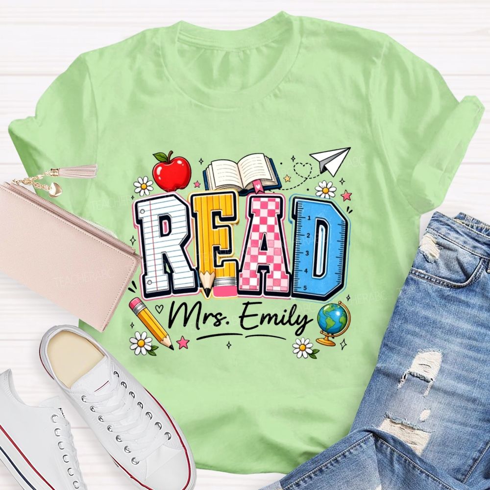 Personalized Name Read Letter Book Apple Teacher T-shirt