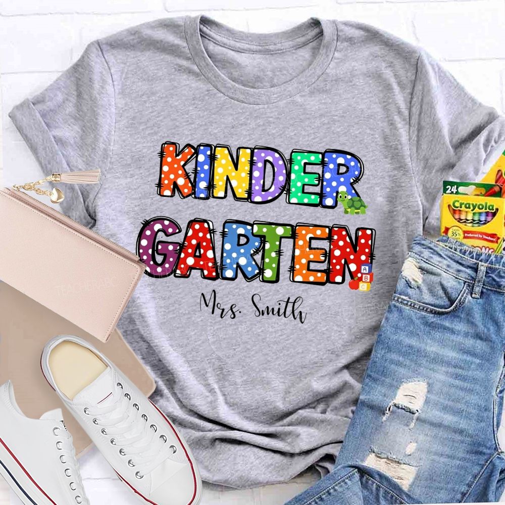 Personalized Name And Grade Rainbow Polka Dot Kindergarten Teacher T-shirt