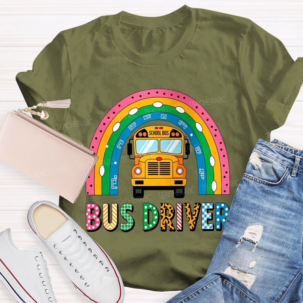 Leopard Plaid Mixed Texture Bus Driver Rainbow T-shirt