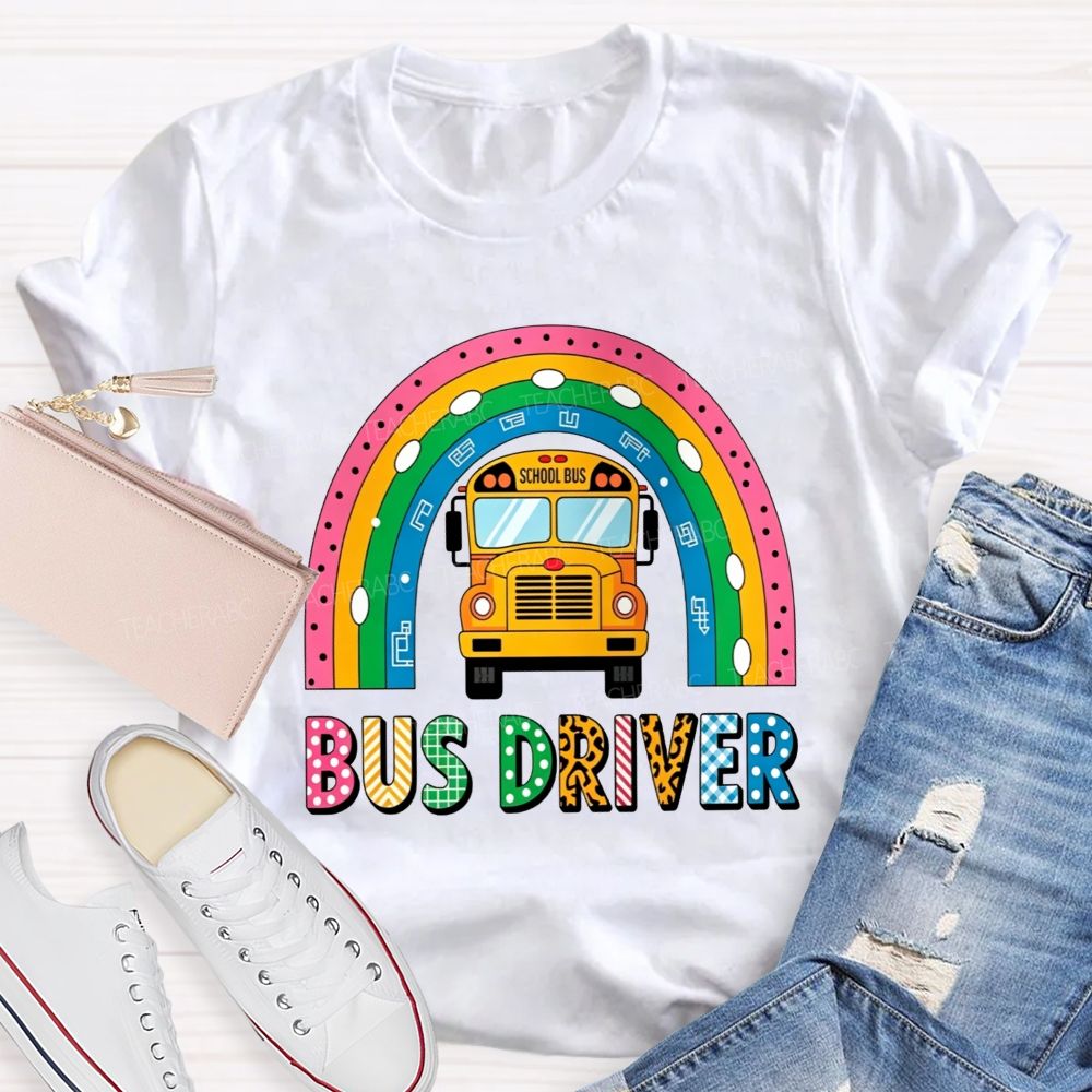 Leopard Plaid Mixed Texture Bus Driver Rainbow T-shirt