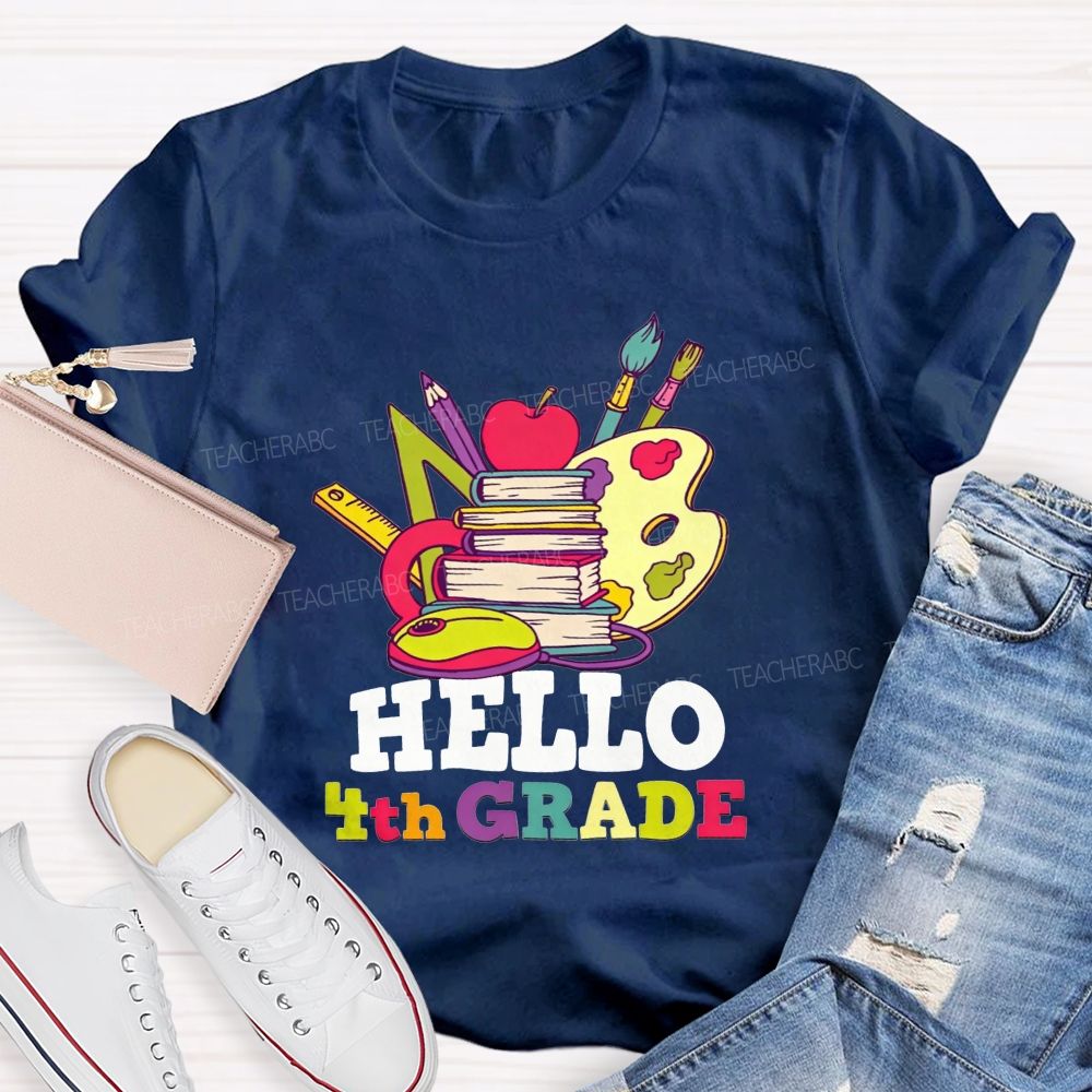 Personalized Grade Colorful Book Paint Palette 4th Grade Teacher T-shirt