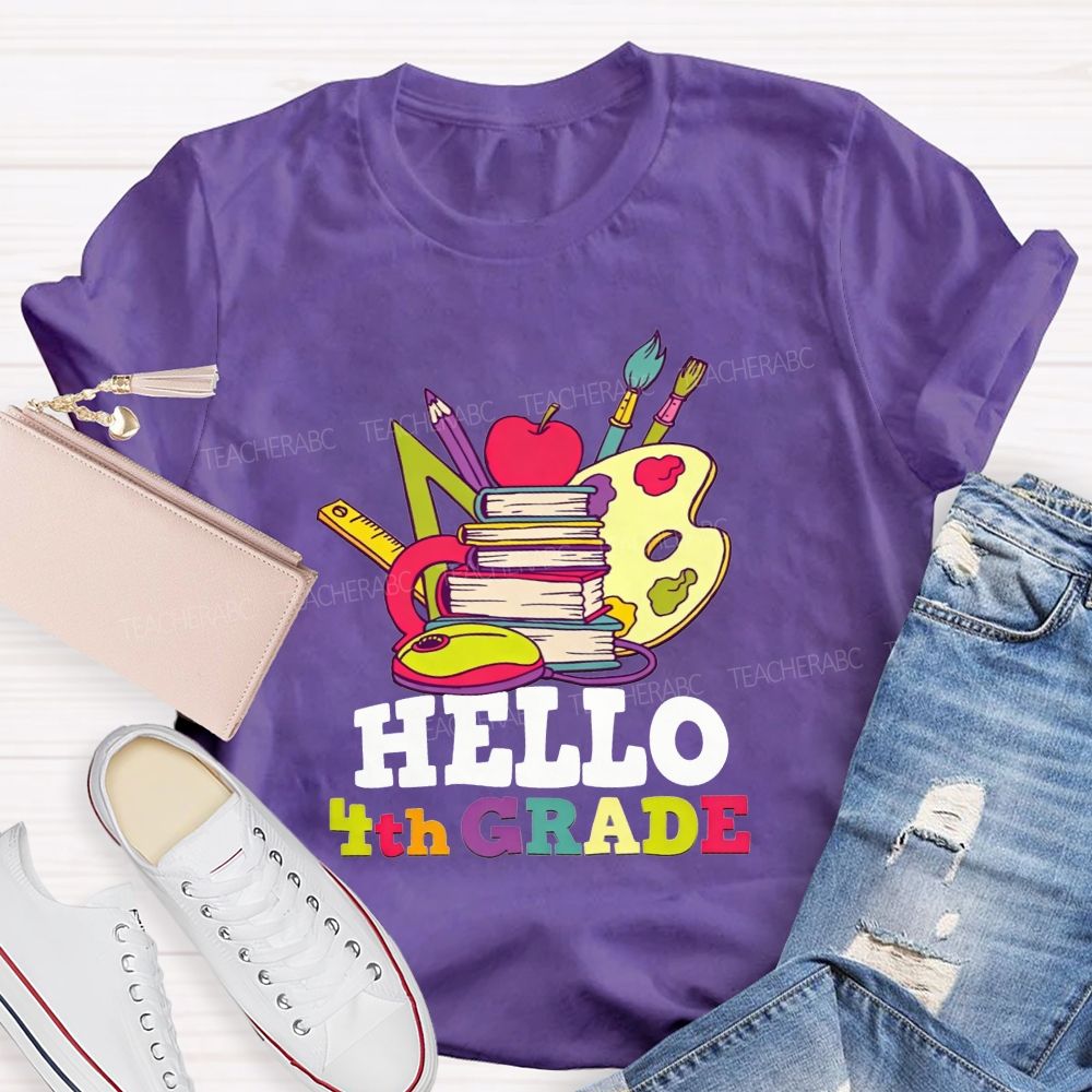 Personalized Grade Colorful Book Paint Palette 4th Grade Teacher T-shirt