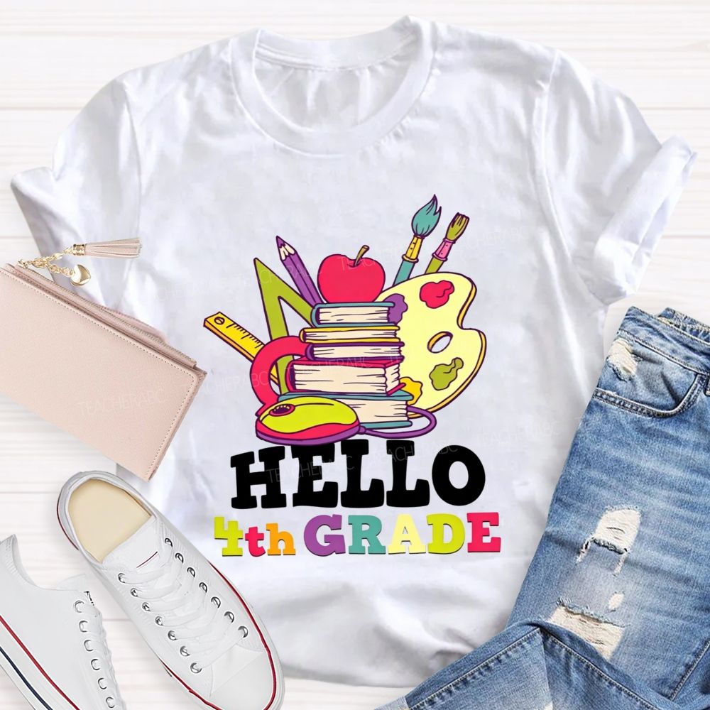 Personalized Grade Colorful Book Paint Palette 4th Grade Teacher T-shirt