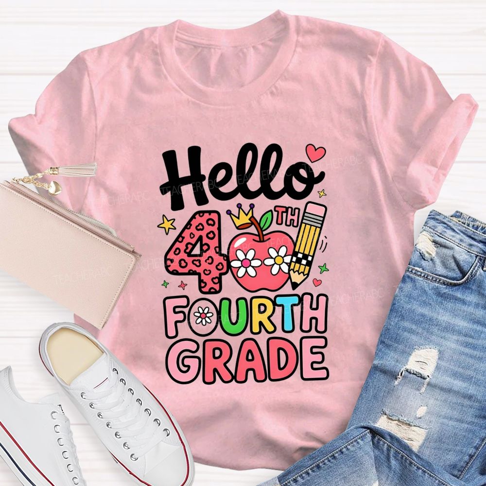 Personalized Grade Pink Cute Daisy Crown 4th Grade Teacher T-shirt