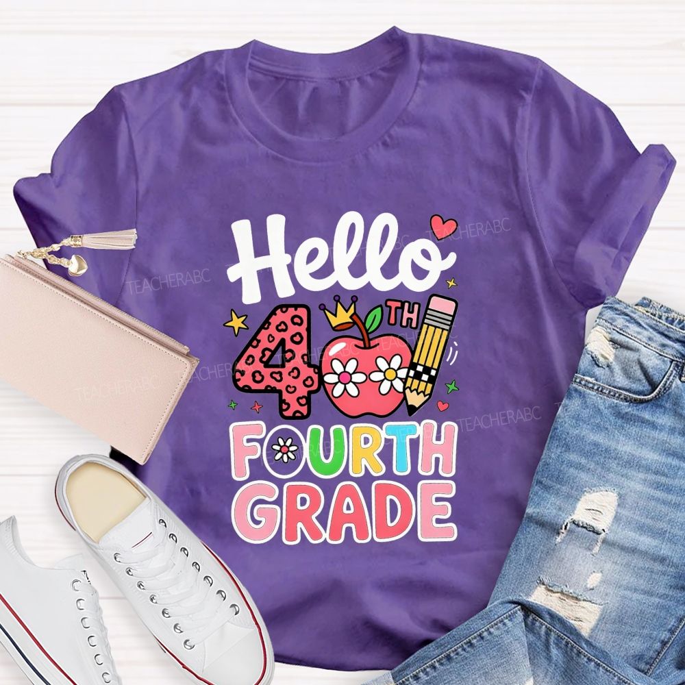 Personalized Grade Pink Cute Daisy Crown 4th Grade Teacher T-shirt