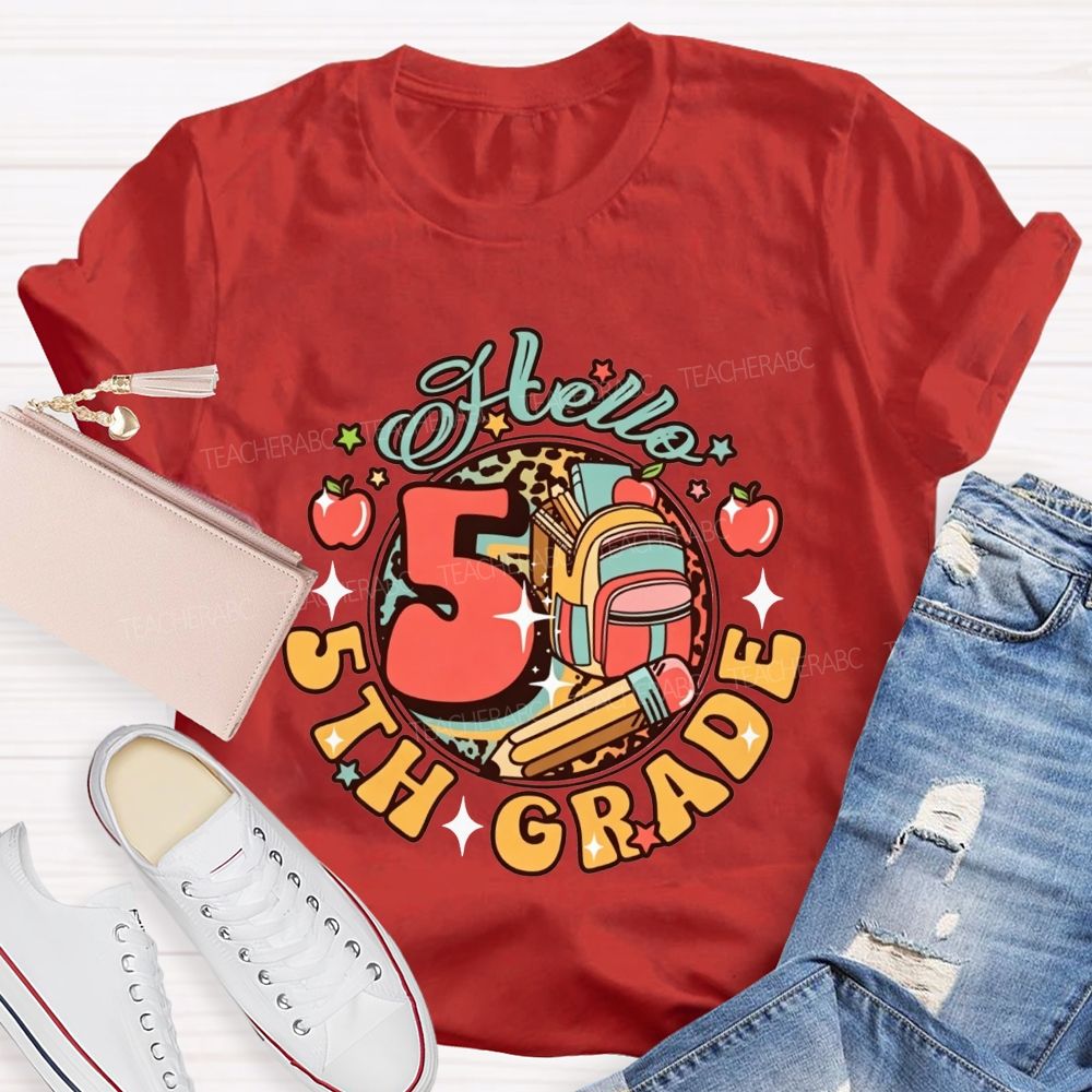 Personalized Grade Hello 5th Grade Leopard Backpack Teacher T-shirt
