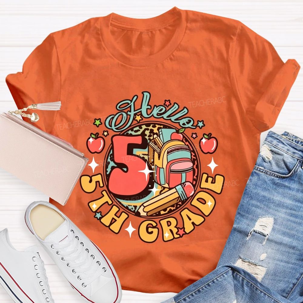 Personalized Grade Hello 5th Grade Leopard Backpack Teacher T-shirt