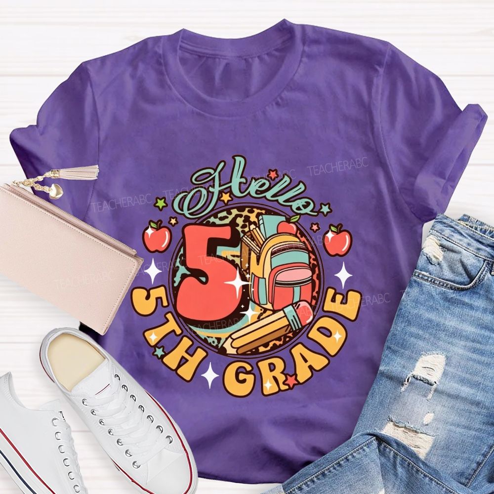 Personalized Grade Hello 5th Grade Leopard Backpack Teacher T-shirt