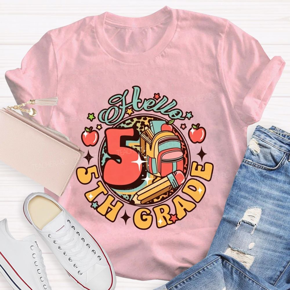 Personalized Grade Hello 5th Grade Leopard Backpack Teacher T-shirt