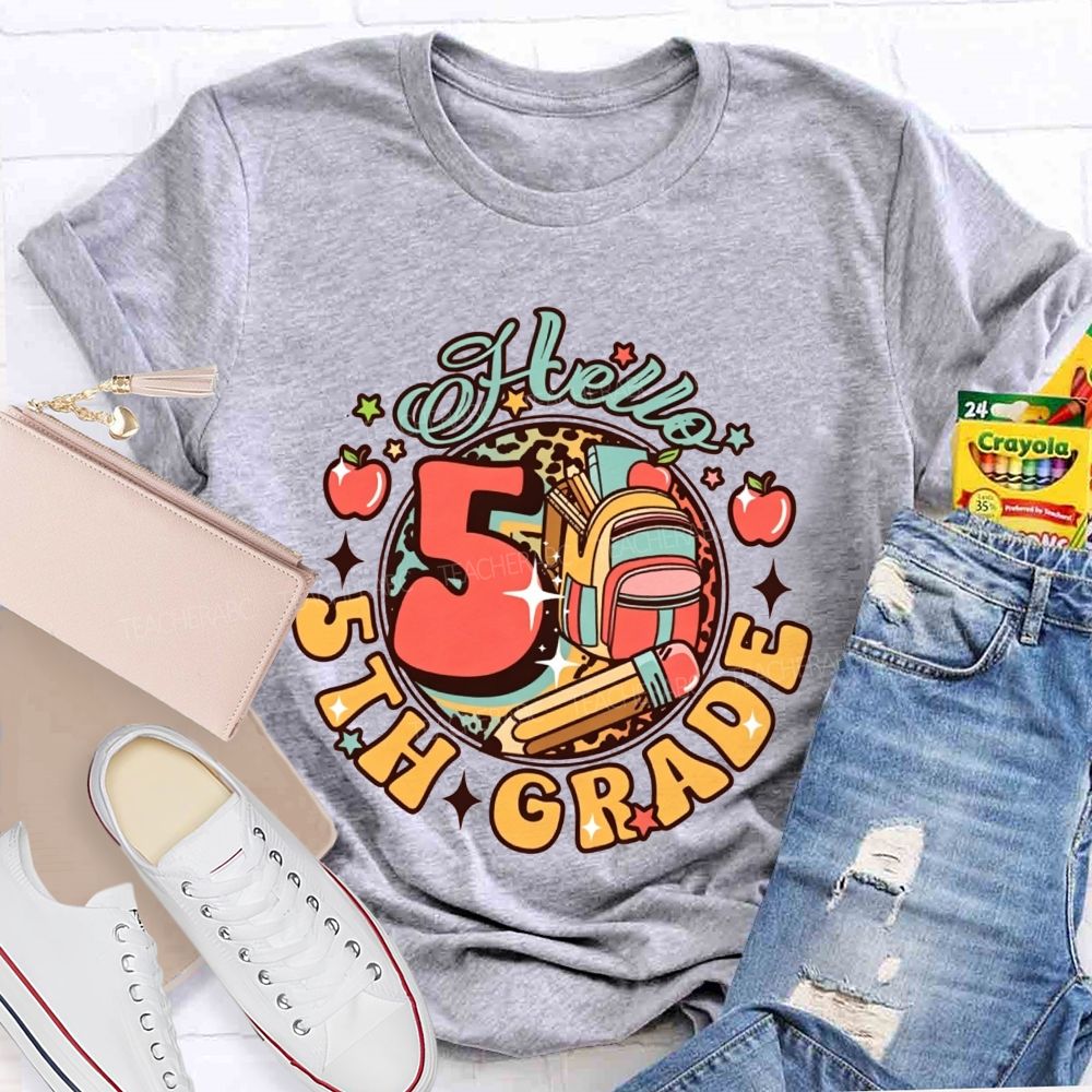 Personalized Grade Hello 5th Grade Leopard Backpack Teacher T-shirt
