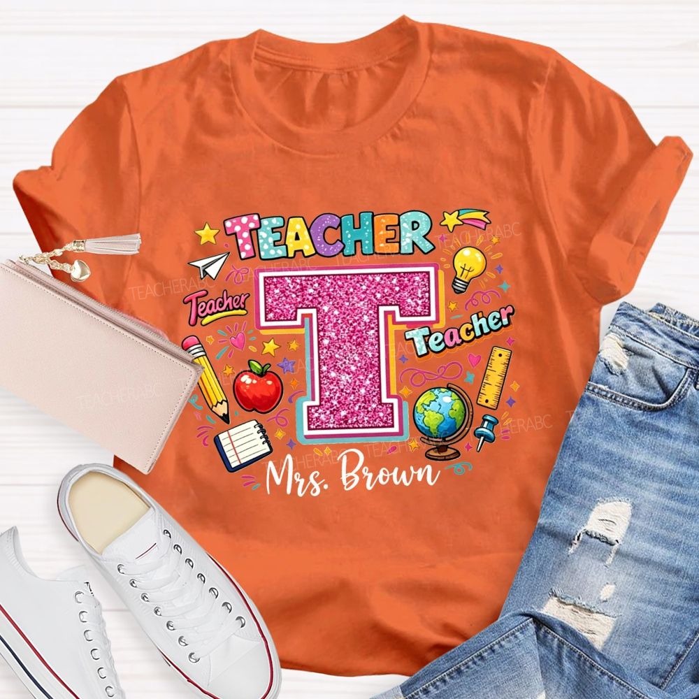 Personalized Name Teacher Pink Glitter Rainbow Graphic Teacher T-shirt