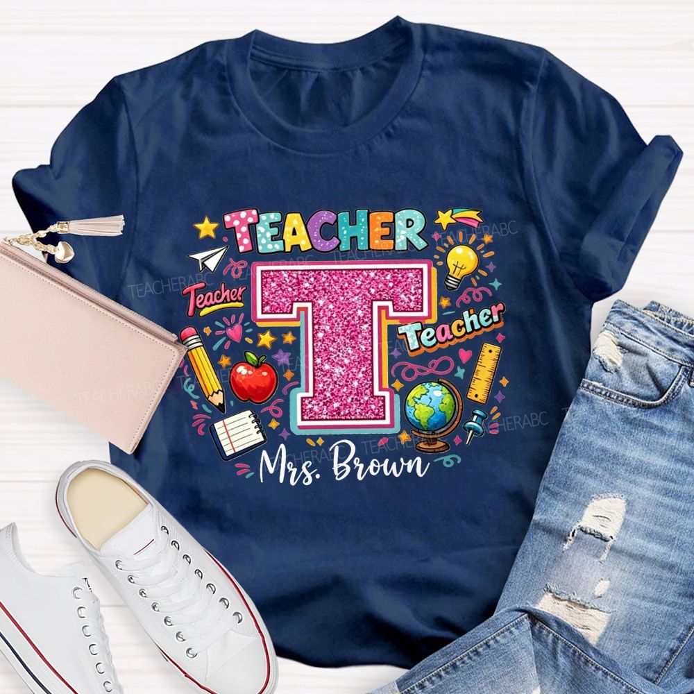 Personalized Name Teacher Pink Glitter Rainbow Graphic Teacher T-shirt