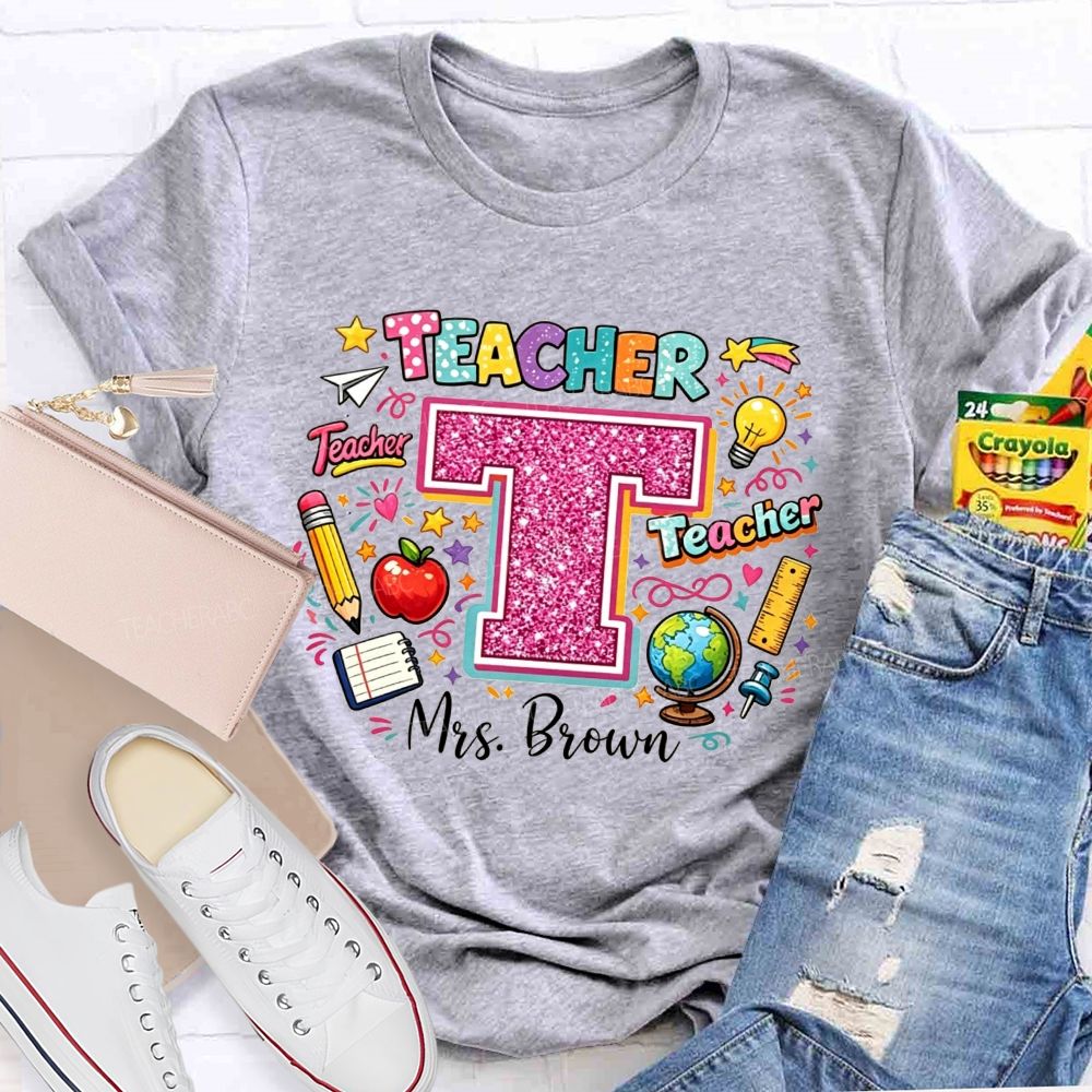 Personalized Name Teacher Pink Glitter Rainbow Graphic Teacher T-shirt