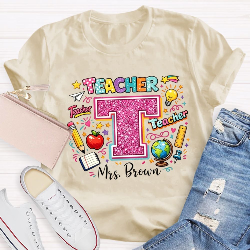 Personalized Name Teacher Pink Glitter Rainbow Graphic Teacher T-shirt