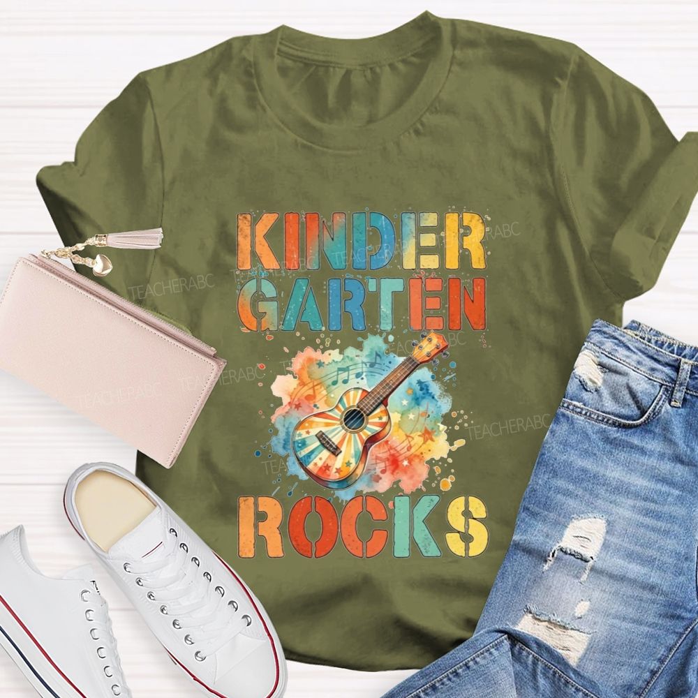 Personalized Grade Kindergarten Rocks Music Teacher T-shirt