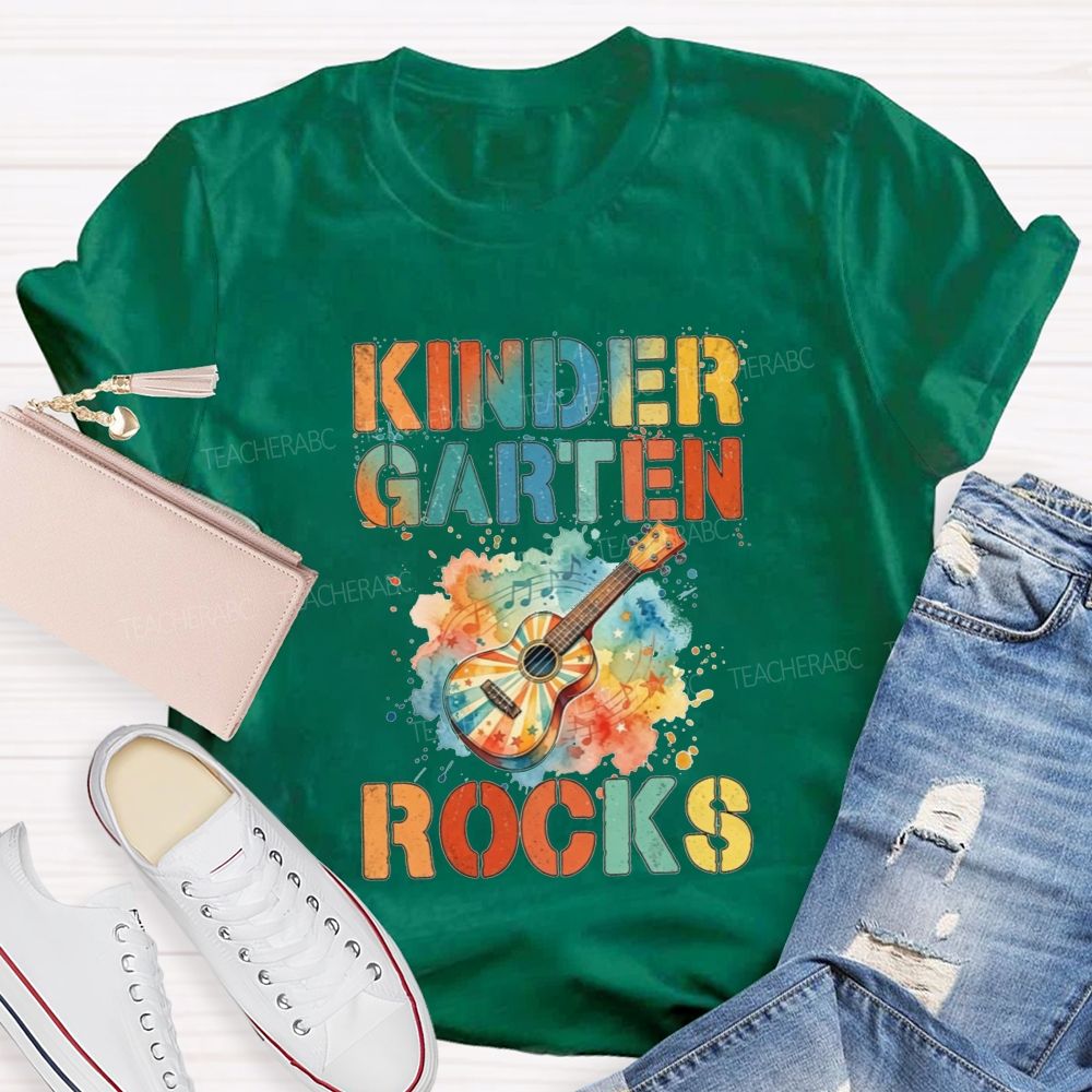 Personalized Grade Kindergarten Rocks Music Teacher T-shirt