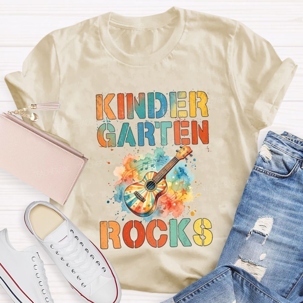 Personalized Grade Kindergarten Rocks Music Teacher T-shirt