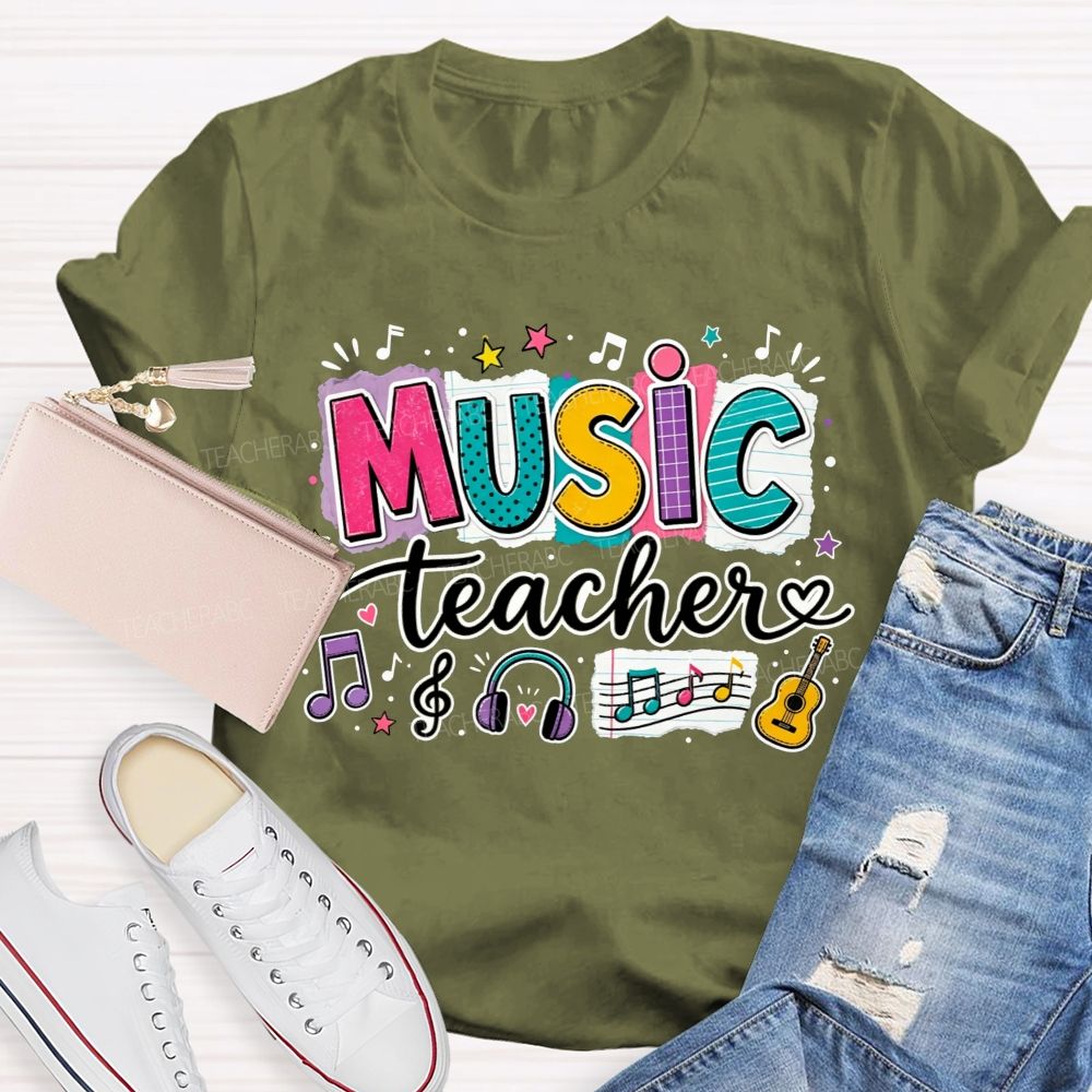 Colorful Doodle Note Headphone Guitar Music Teacher T-shirt