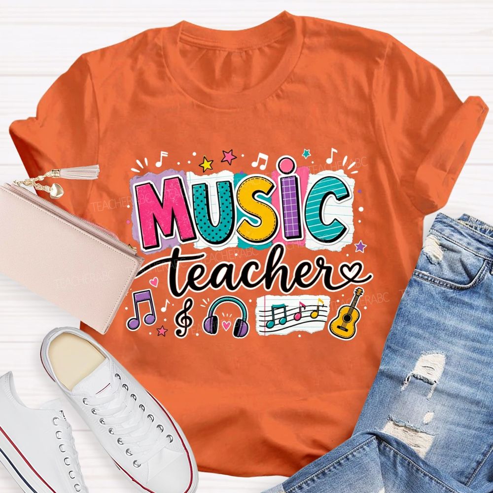Colorful Doodle Note Headphone Guitar Music Teacher T-shirt