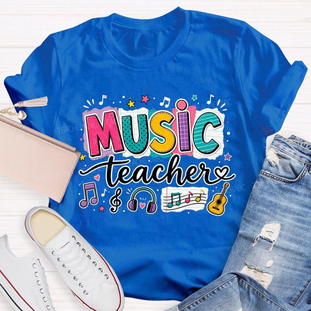 Colorful Doodle Note Headphone Guitar Music Teacher T-shirt
