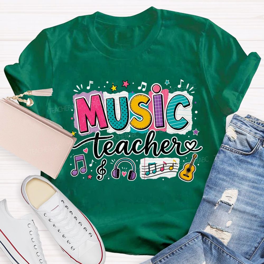 Colorful Doodle Note Headphone Guitar Music Teacher T-shirt