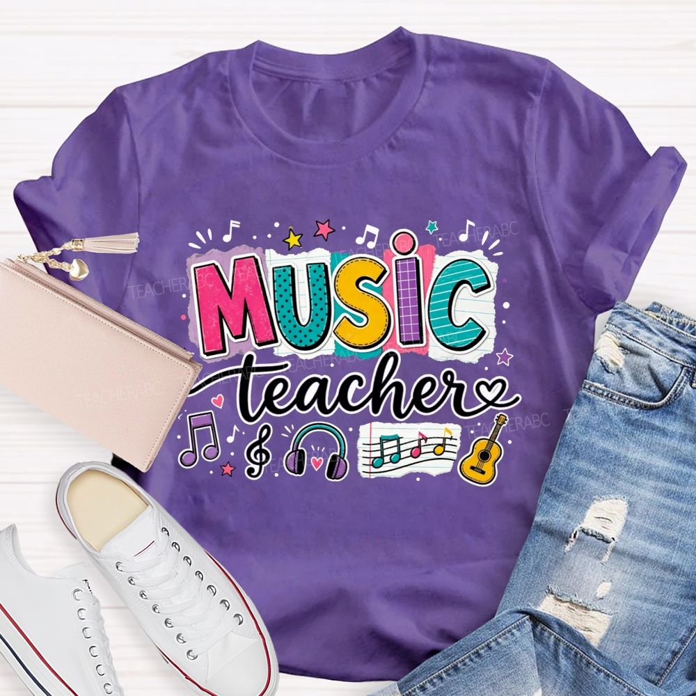 Colorful Doodle Note Headphone Guitar Music Teacher T-shirt