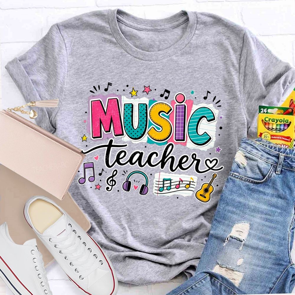 Colorful Doodle Note Headphone Guitar Music Teacher T-shirt