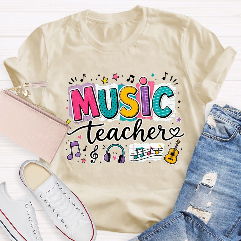 Colorful Doodle Note Headphone Guitar Music Teacher T-shirt