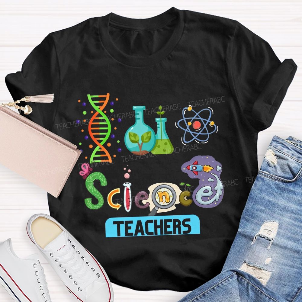 Lab Flasks Atom Rocket Themed Colorful Letter Science Teacher T-shirt