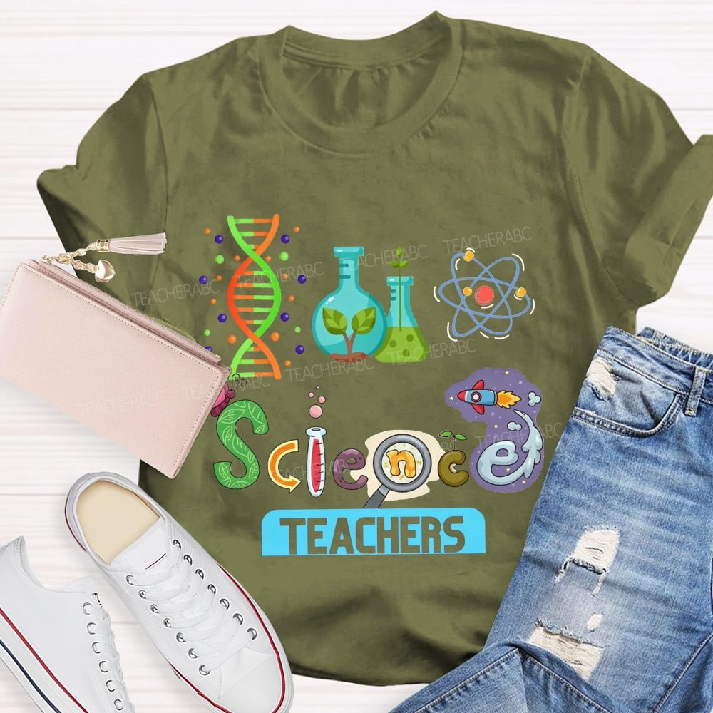 Lab Flasks Atom Rocket Themed Colorful Letter Science Teacher T-shirt