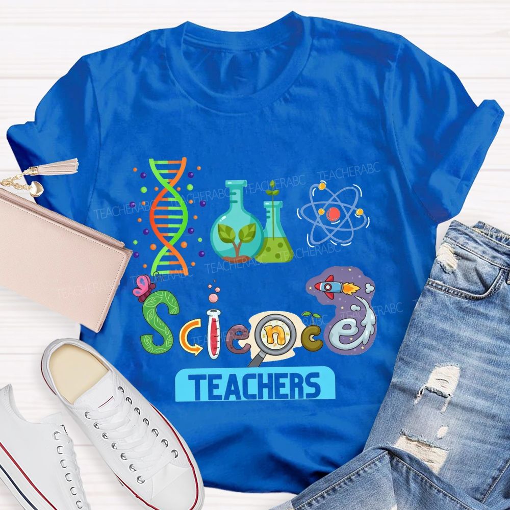 Lab Flasks Atom Rocket Themed Colorful Letter Science Teacher T-shirt