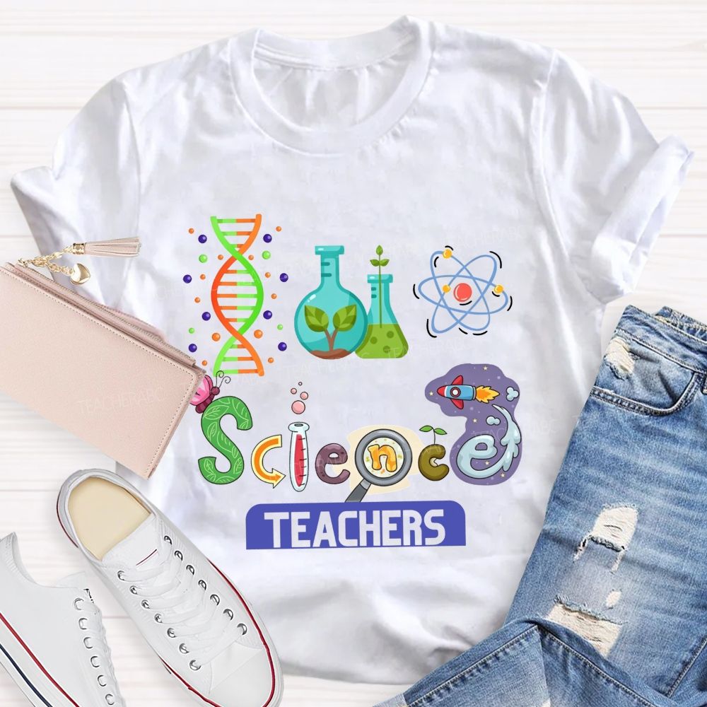 Lab Flasks Atom Rocket Themed Colorful Letter Science Teacher T-shirt