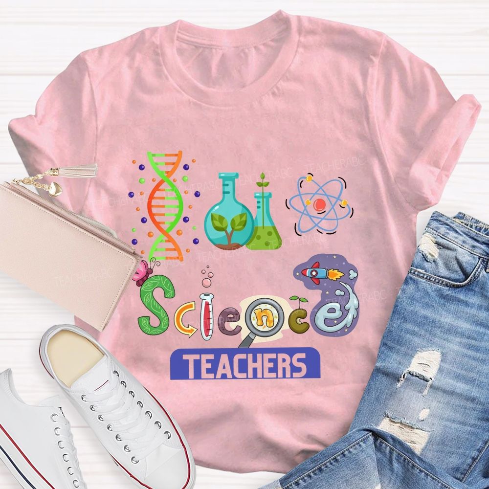 Lab Flasks Atom Rocket Themed Colorful Letter Science Teacher T-shirt