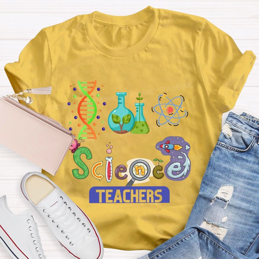Lab Flasks Atom Rocket Themed Colorful Letter Science Teacher T-shirt