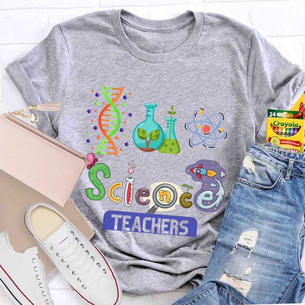 Lab Flasks Atom Rocket Themed Colorful Letter Science Teacher T-shirt
