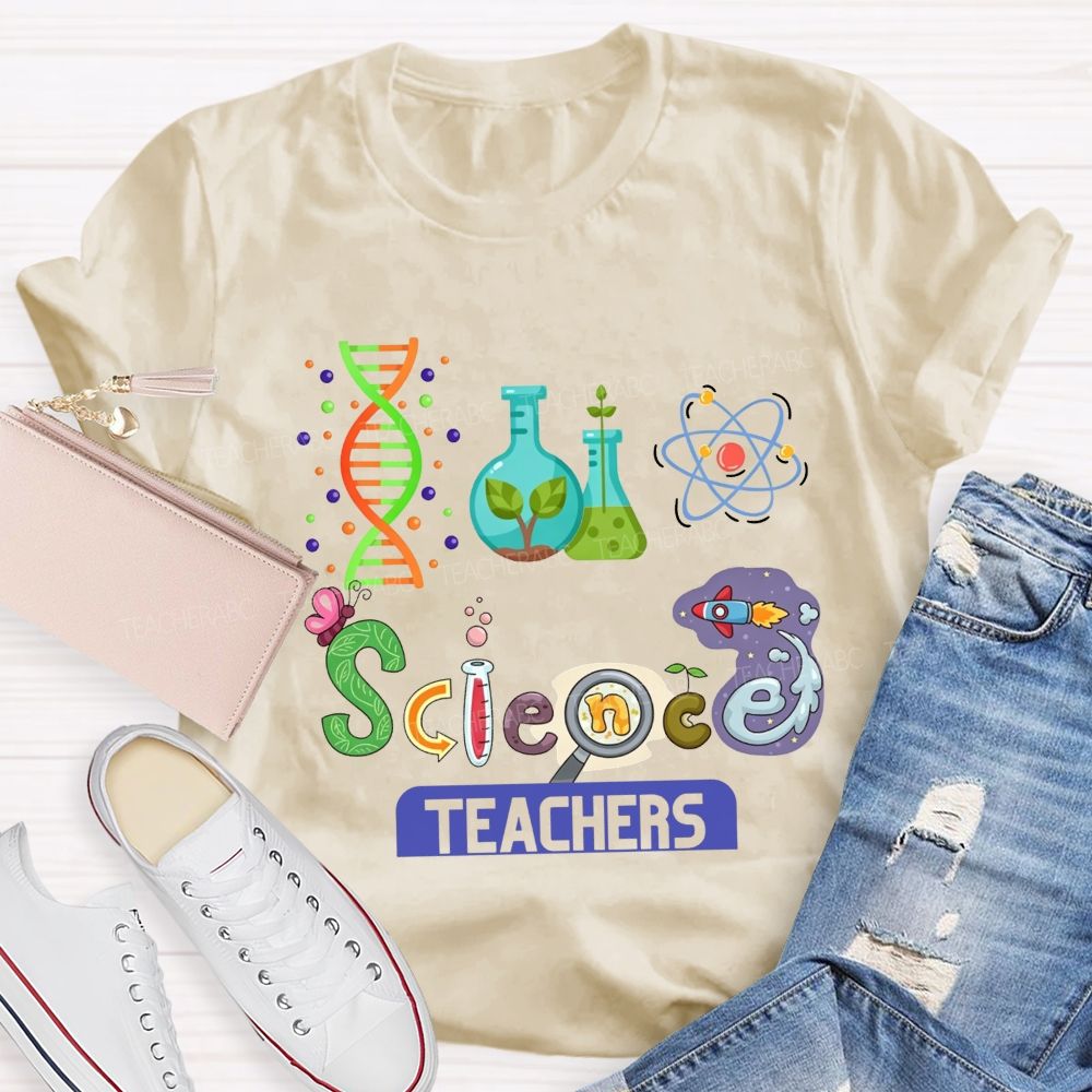 Lab Flasks Atom Rocket Themed Colorful Letter Science Teacher T-shirt