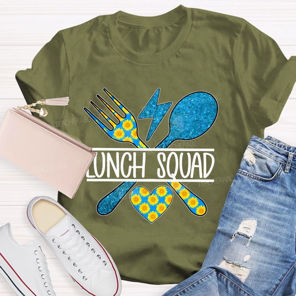 Lunch Squad Sunflower Blue Glitter Teacher T-Shirt