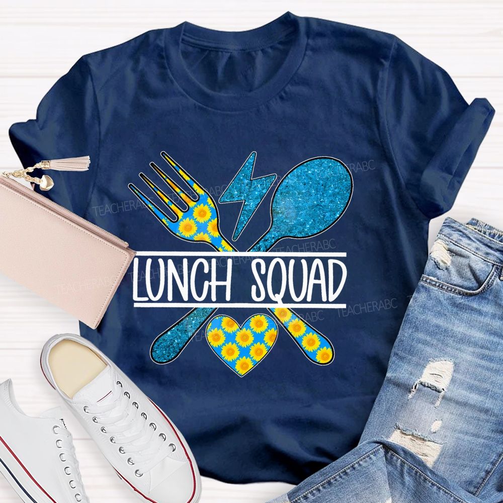 Lunch Squad Sunflower Blue Glitter Teacher T-Shirt