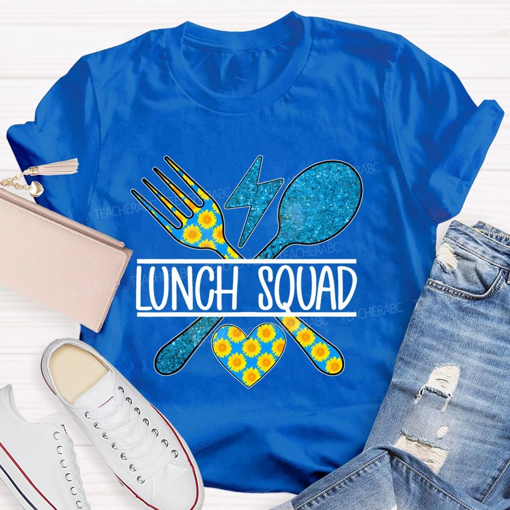 Lunch Squad Sunflower Blue Glitter Teacher T-Shirt