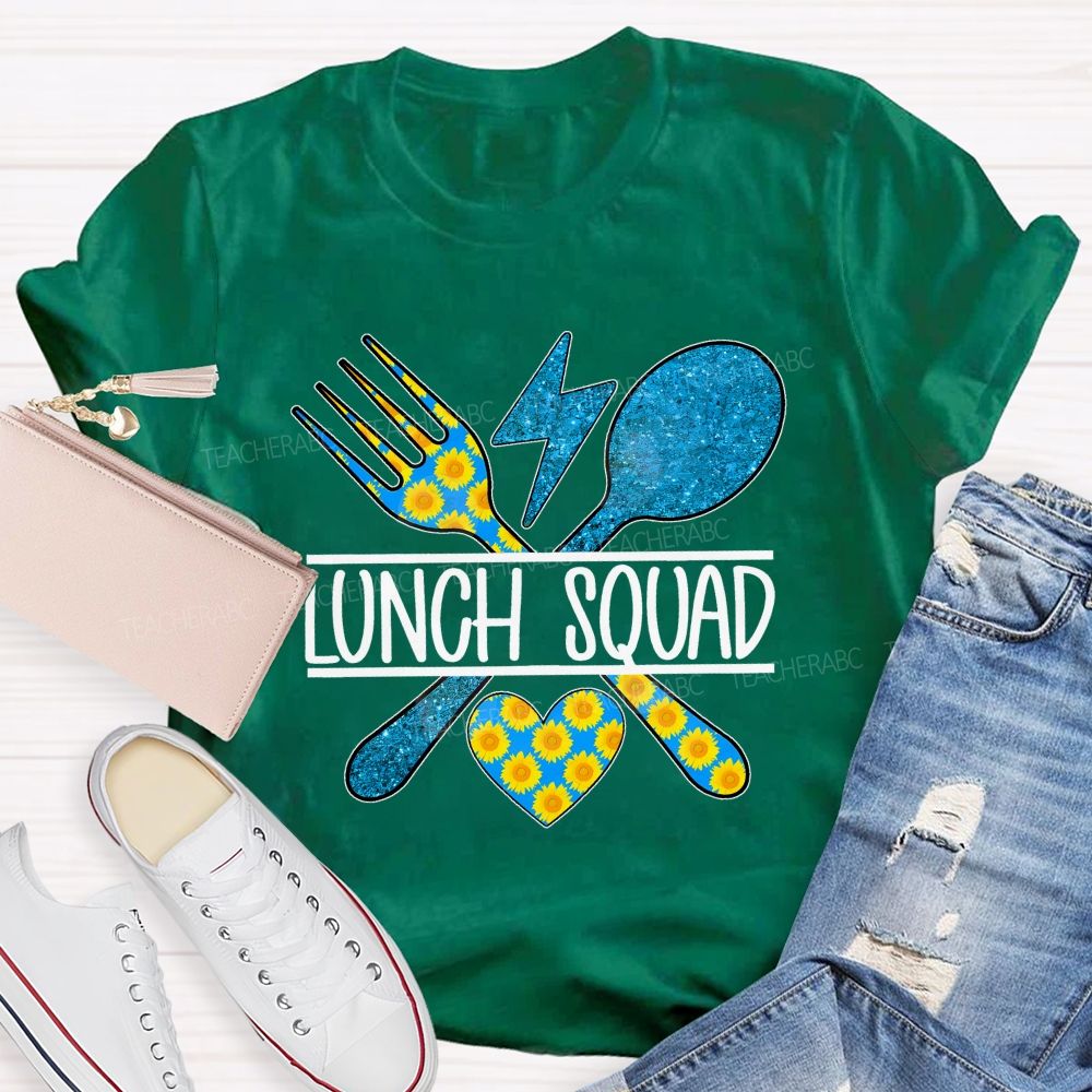 Lunch Squad Sunflower Blue Glitter Teacher T-Shirt
