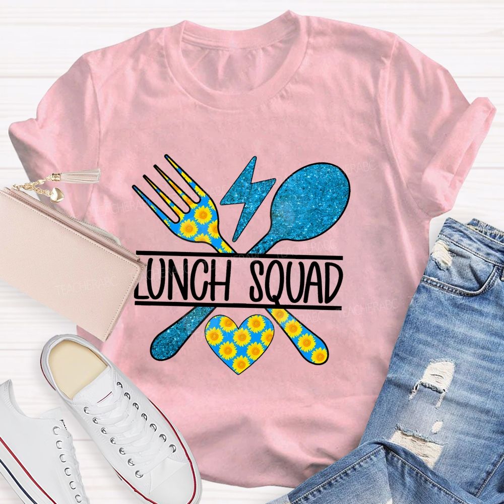 Lunch Squad Sunflower Blue Glitter Teacher T-Shirt