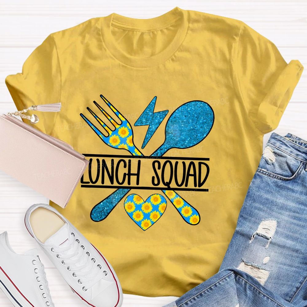 Lunch Squad Sunflower Blue Glitter Teacher T-Shirt