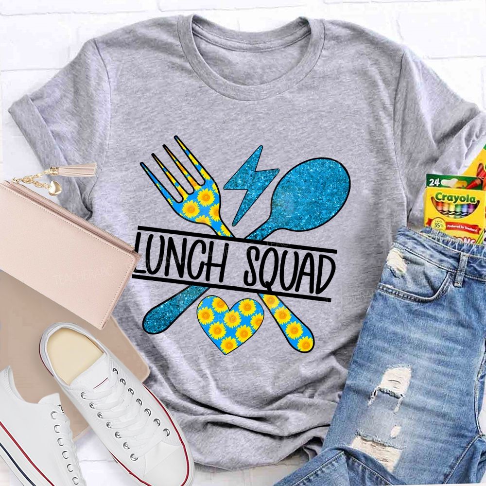 Lunch Squad Sunflower Blue Glitter Teacher T-Shirt