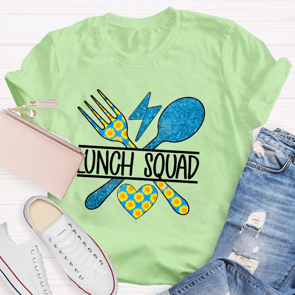 Lunch Squad Sunflower Blue Glitter Teacher T-Shirt