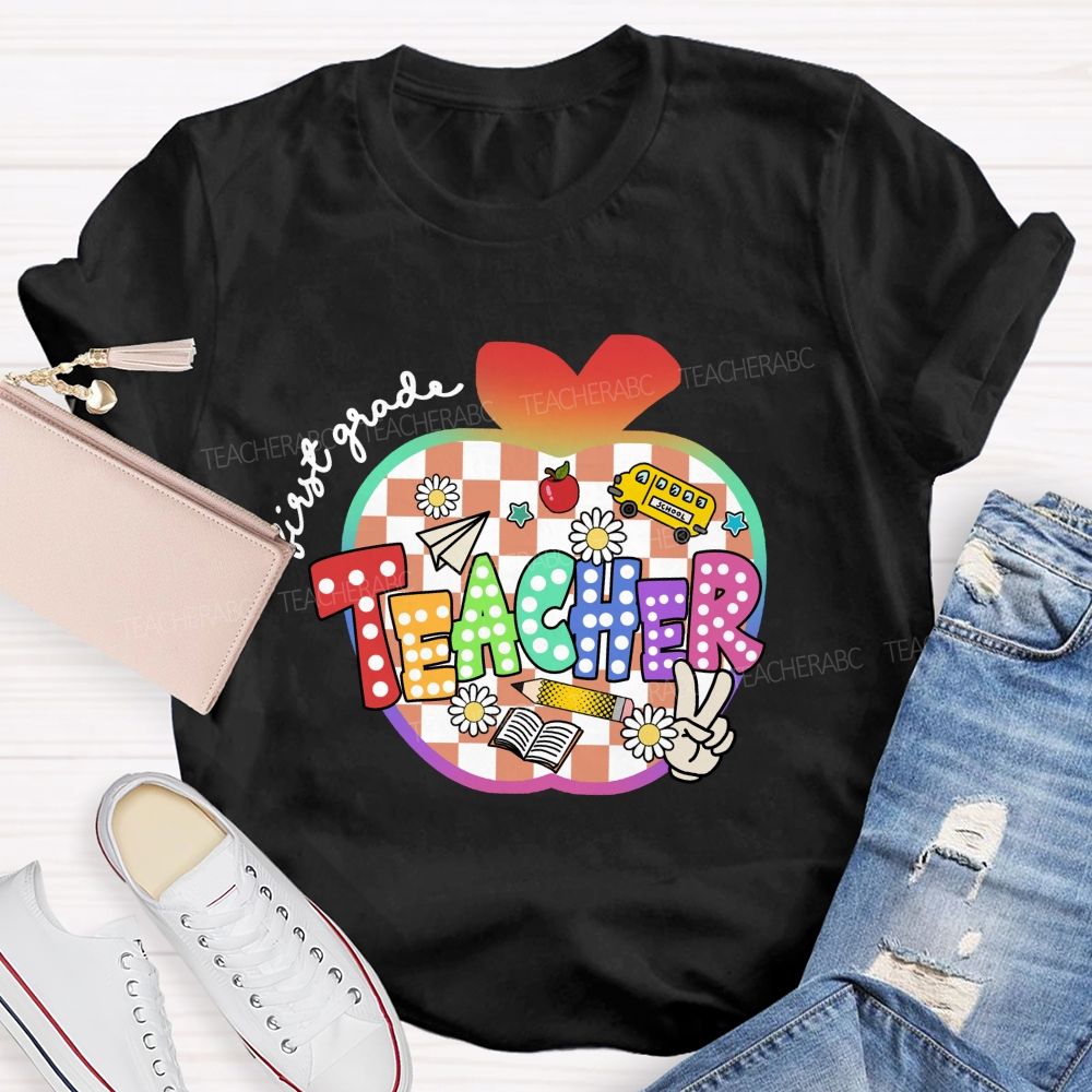 Personalized Grade Colorful Checkered Apple Teacher T-Shirt