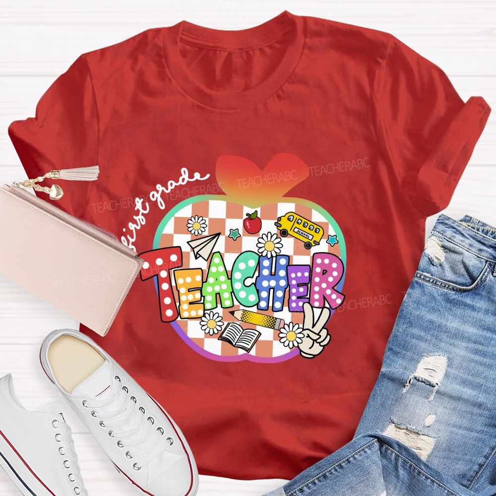 Personalized Grade Colorful Checkered Apple Teacher T-Shirt
