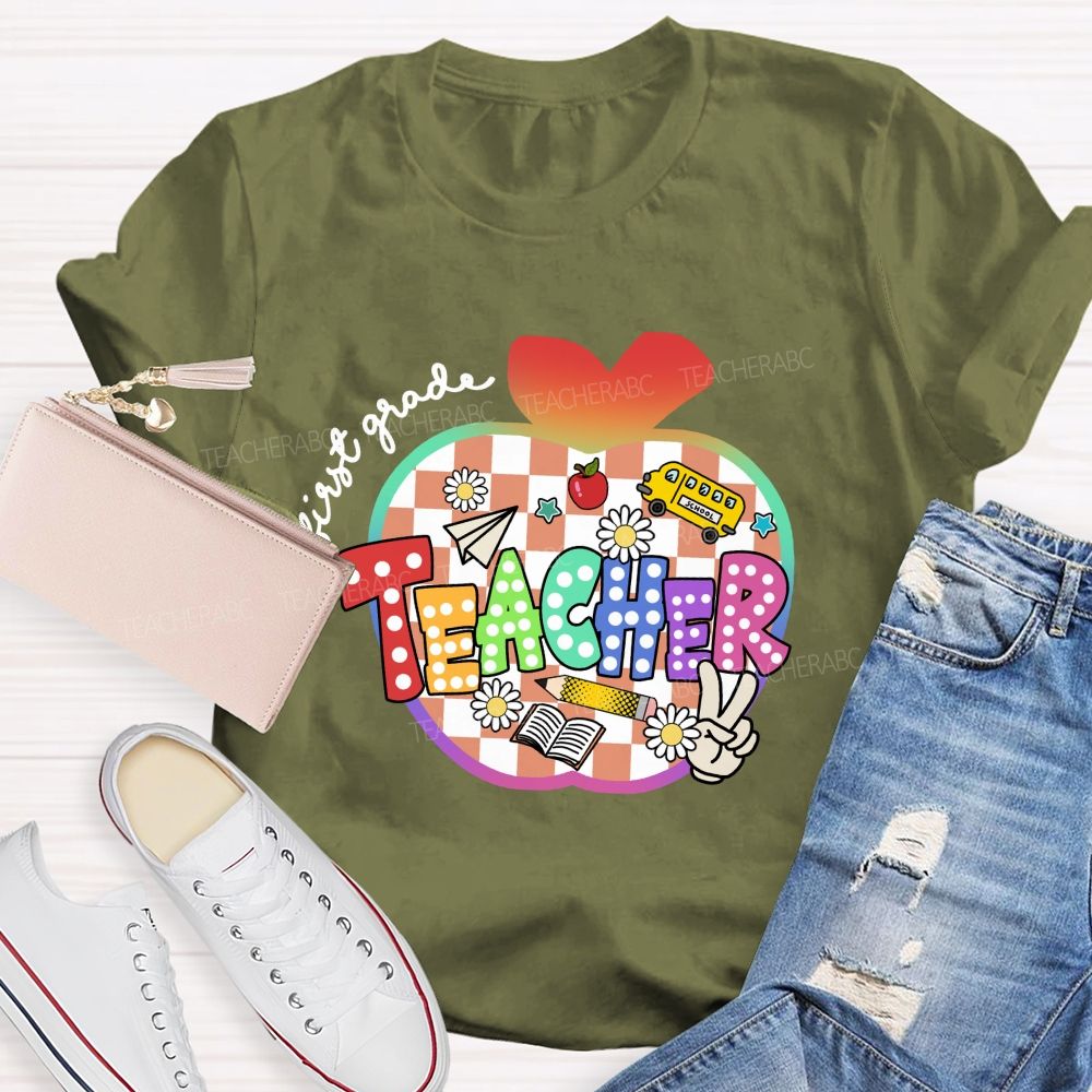 Personalized Grade Colorful Checkered Apple Teacher T-Shirt