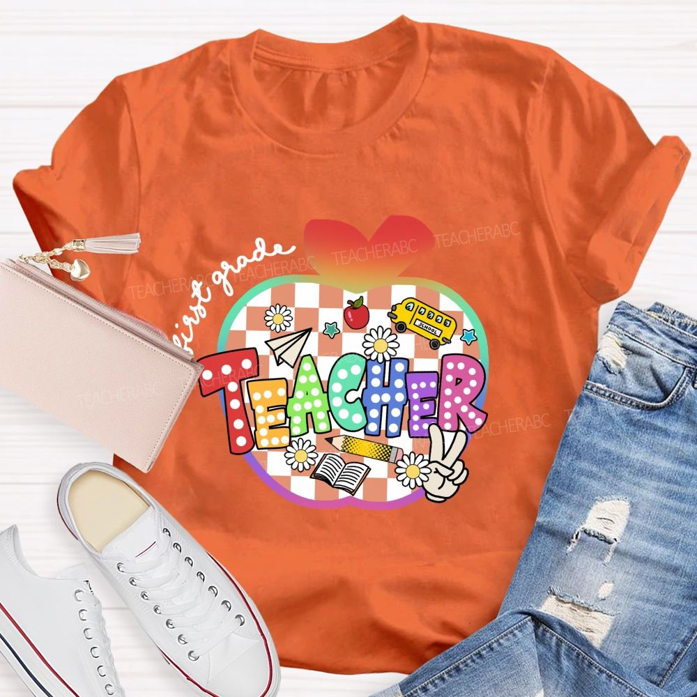Personalized Grade Colorful Checkered Apple Teacher T-Shirt