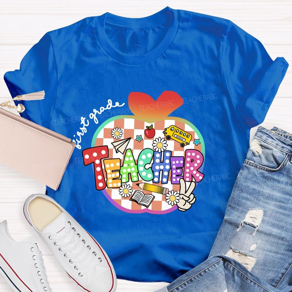 Personalized Grade Colorful Checkered Apple Teacher T-Shirt