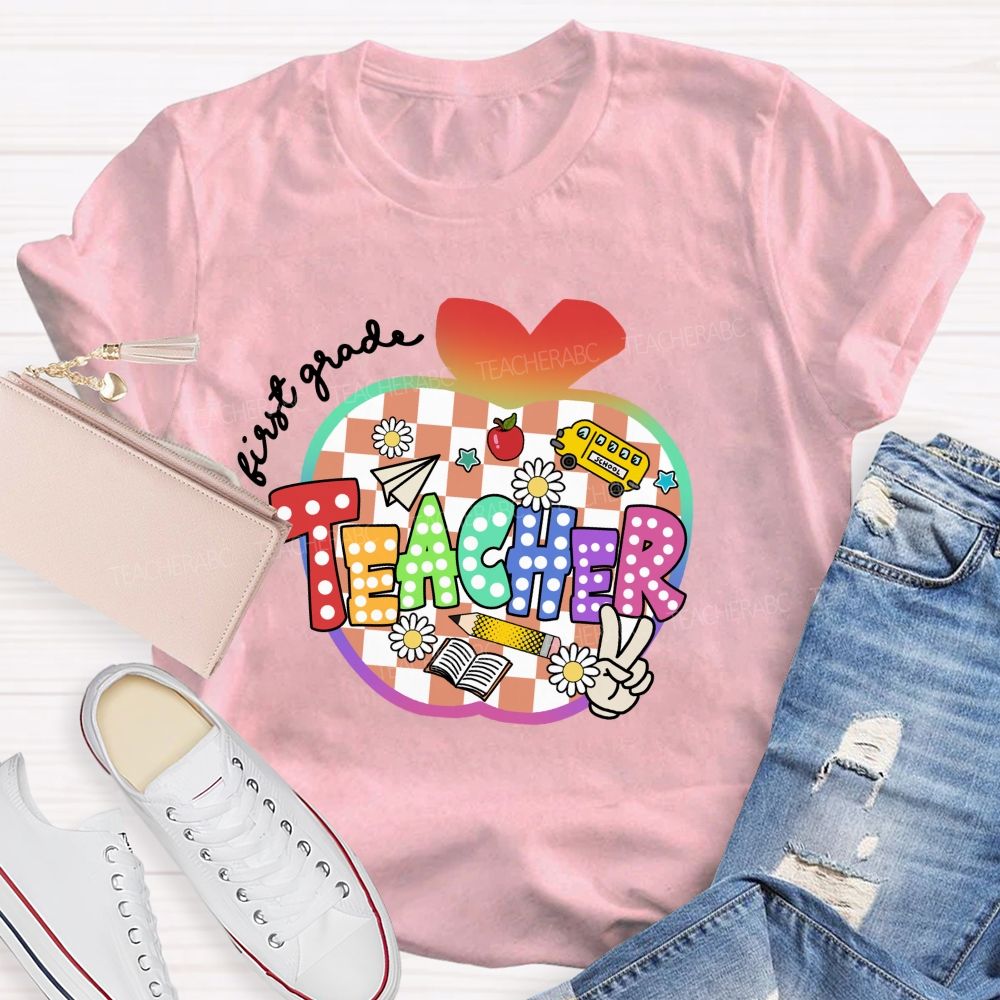 Personalized Grade Colorful Checkered Apple Teacher T-Shirt